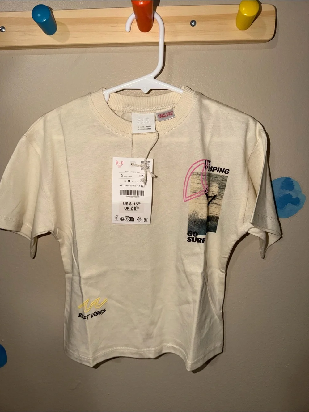 Zara Cream Short Sleeve Tee with Pink & Yellow Surf Graphics